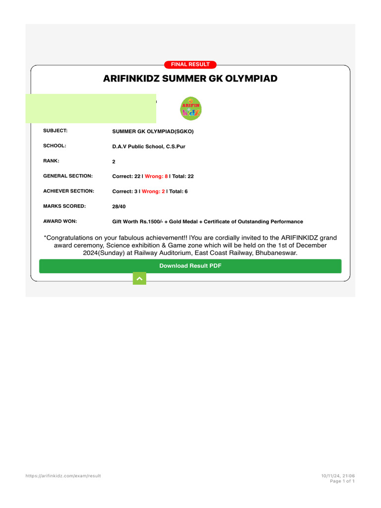 Arifin Kidz Summer GK Olympiad Results | PDF