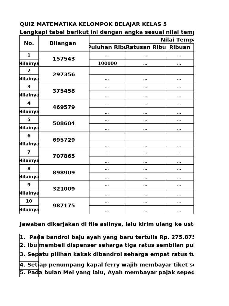 Latihan Soal Bilangan Cacah Kelas 5 | PDF
