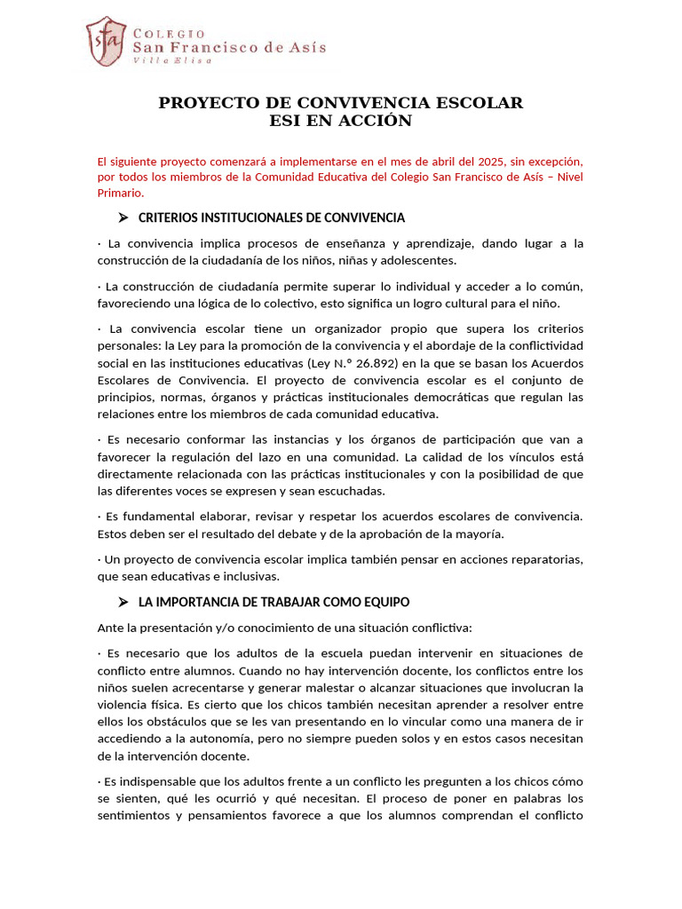 Proyecto de Convivencia Escolar 2025 | PDF | Enseñando | Escuelas