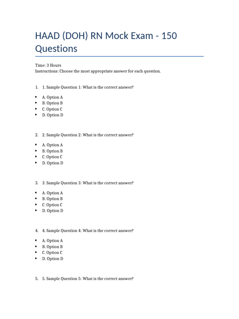 HAAD RN Mock Exam: 150 Questions | PDF | Tests | Qualifications
