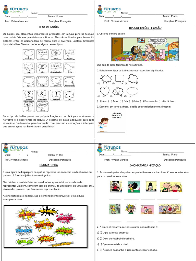 Tipos de Balões e Onomatopeias para 4º Ano | PDF | Quadrinhos
