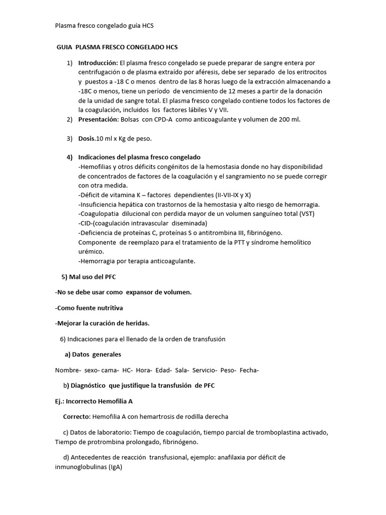 Indicaciones y Dosis de Plasma Fresco Congelado | PDF | Coagulación ...