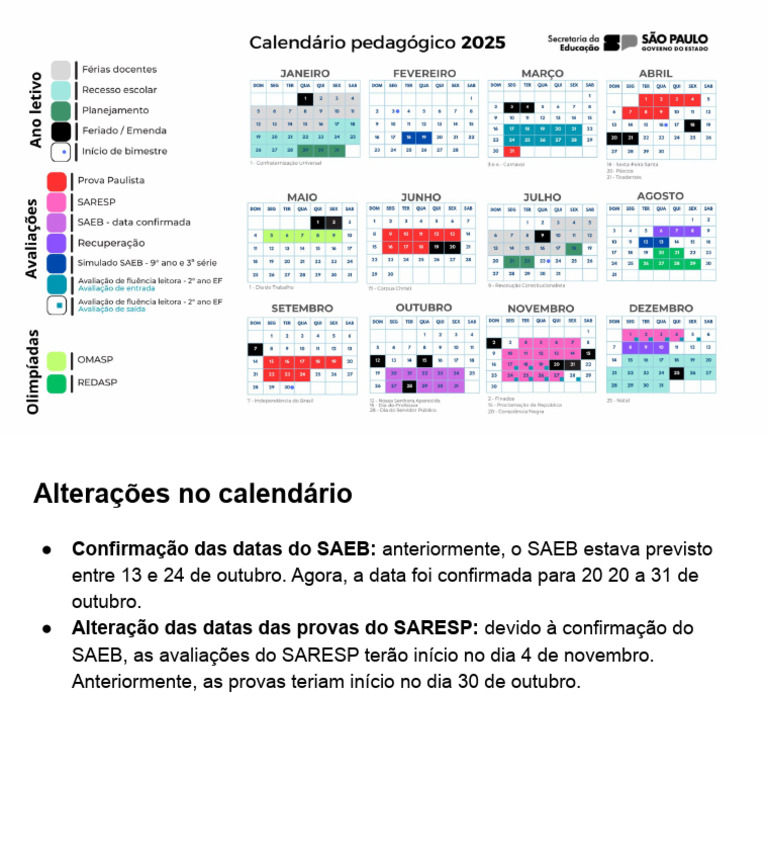 Calendário pedagógico 2025 - SEDUC-SP | PDF