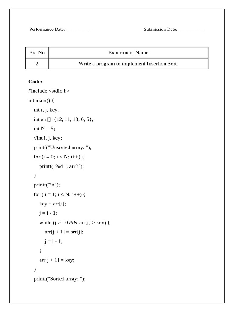 Insertion Sort Program Example | PDF