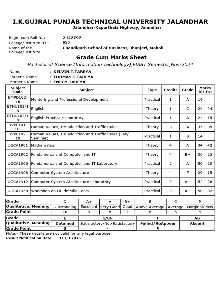 B.Sc. IT First Semester Grade Sheet | PDF | Inquiry | Science