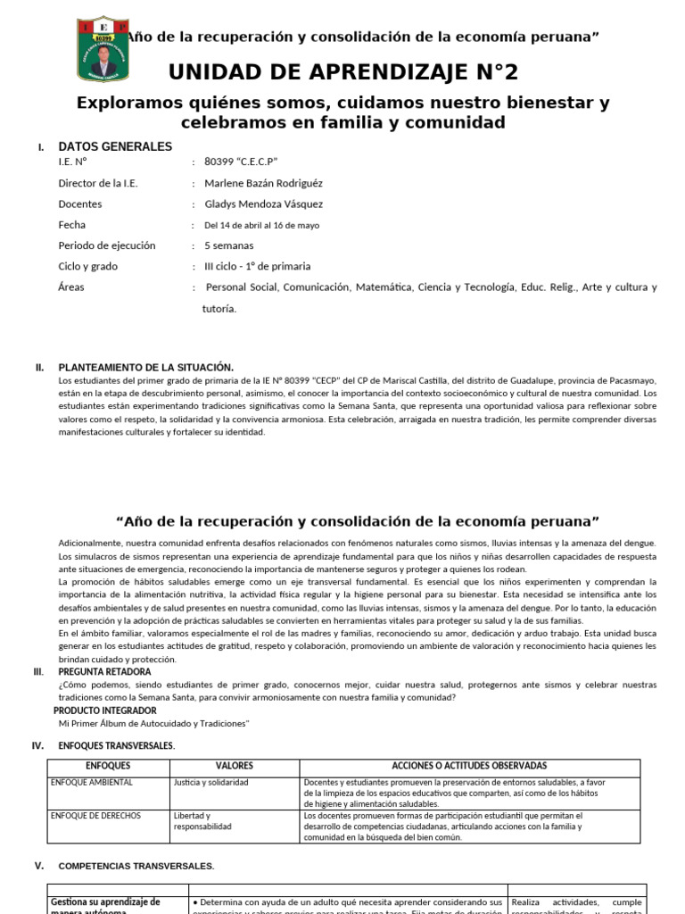 Unidad de Aprendizaje 2: Bienestar y Tradición | PDF | Familia | Evaluación