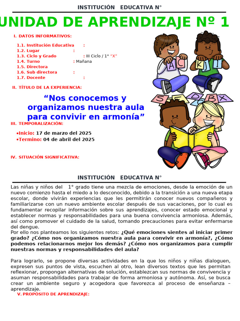 Unidad de Aprendizaje #1 - 1° Grado Maestra Janet | PDF | Las emociones ...