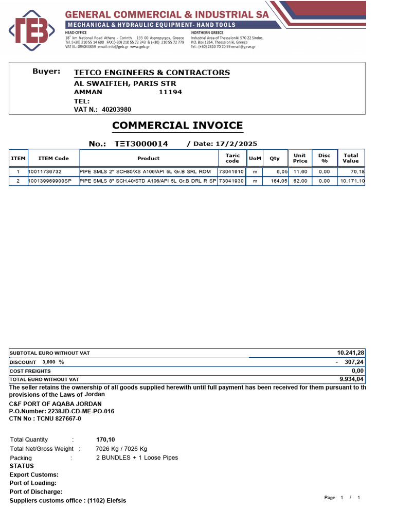 Commercial Invoice for Pipe Supply | PDF