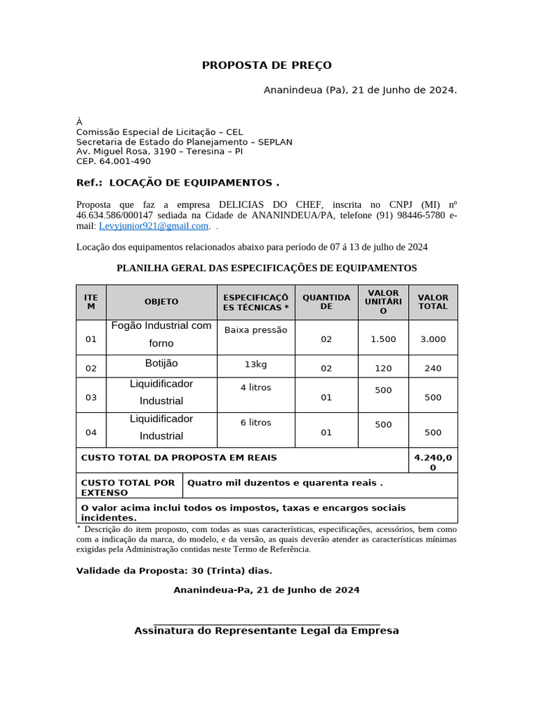 Proposta de Locação de Equipamentos 2024 | PDF