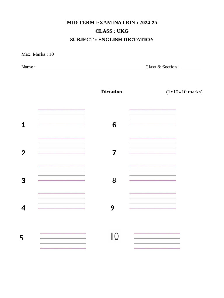 Ukg english dictation mid term exam question paper pdf