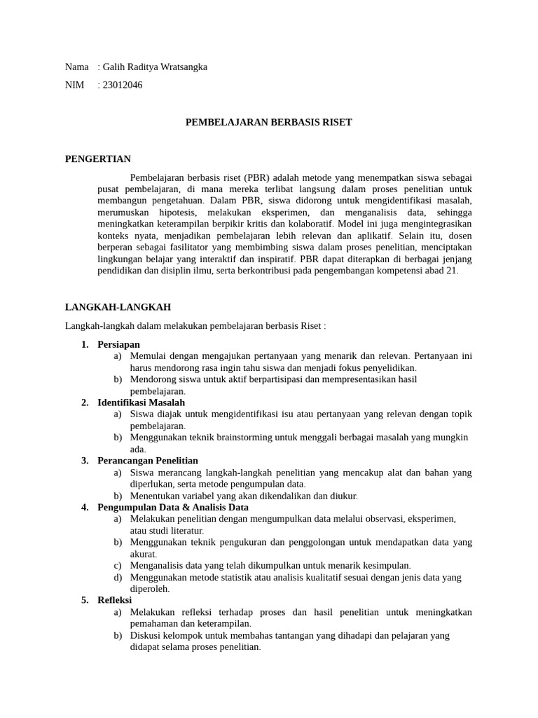 Pembelajaran Berbasis Riset: Metode dan Manfaat | PDF