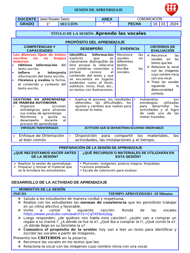 Aprendizaje de Vocales en 1° Grado | PDF | Aprendizaje | Evaluación