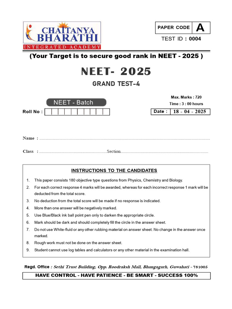 NEET 2025 Grand Test 4 Instructions | PDF | Waves | Diffraction