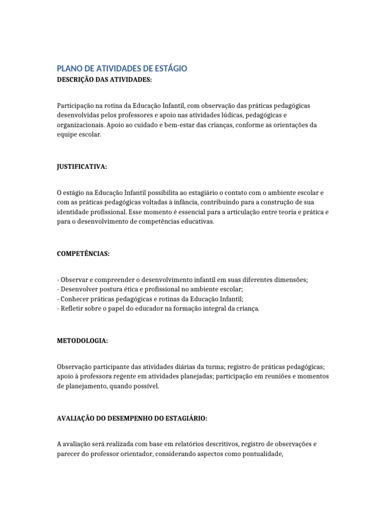 Plano de Estágio em Educação Infantil | PDF