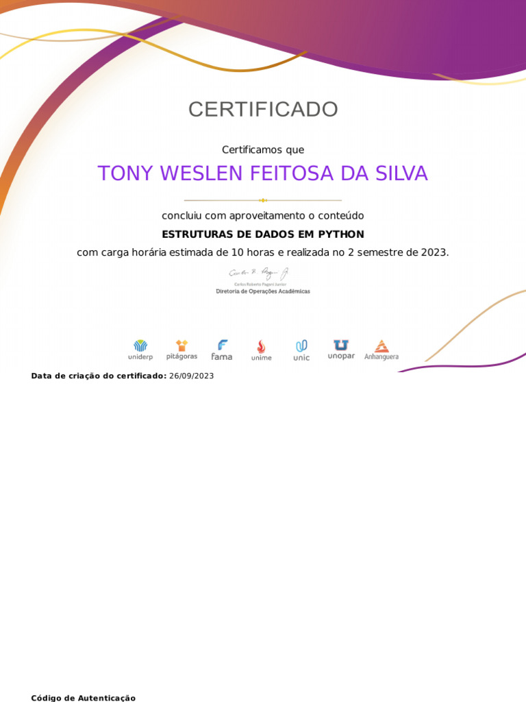 Certificado de Curso: Estruturas de Dados Python | PDF