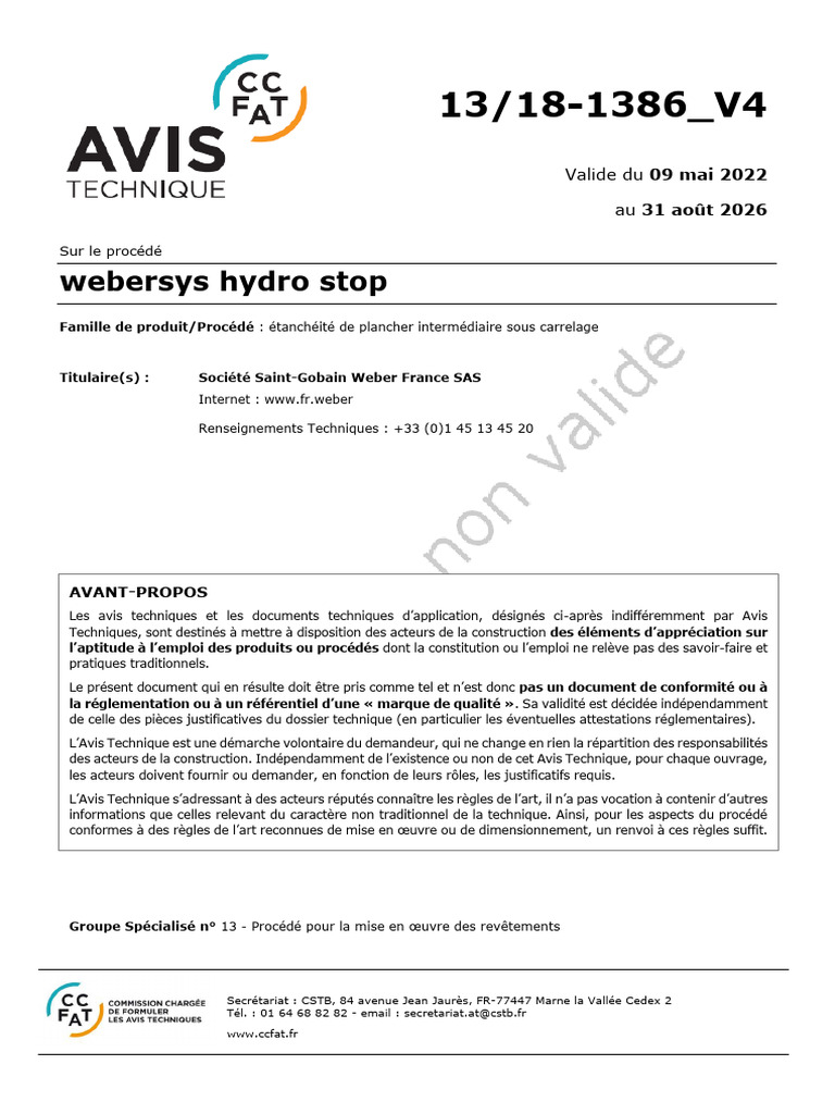 Avis Technique webersys hydro stop | PDF | Mortier (matériau) | Béton