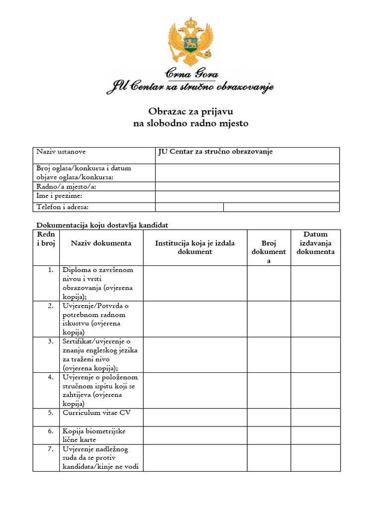 Obrazac Prijava Na Slobodno Radno Mjesto 4 | PDF