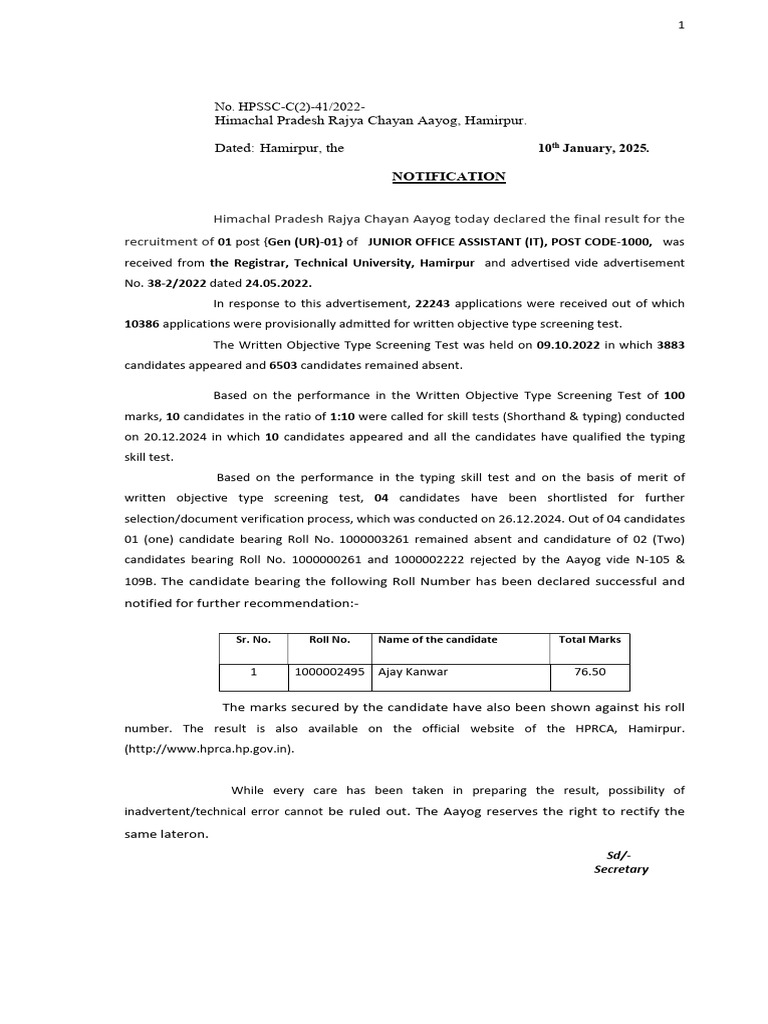 Result - Notification POST CODE-1000 | PDF