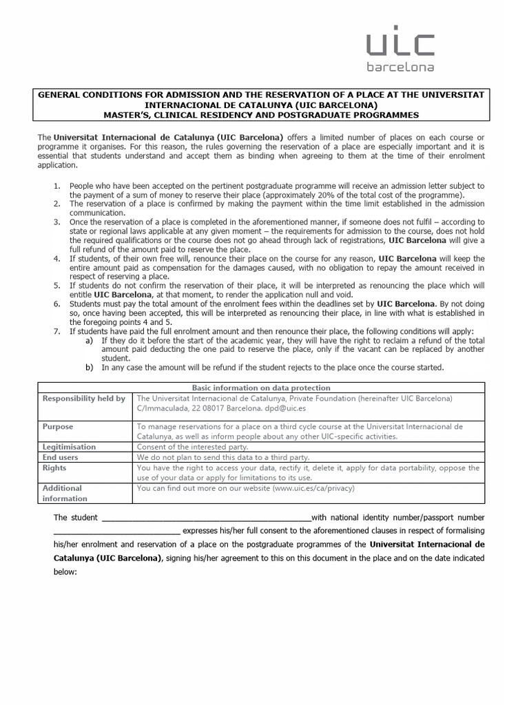 UIC Barcelona Admission Conditions | PDF