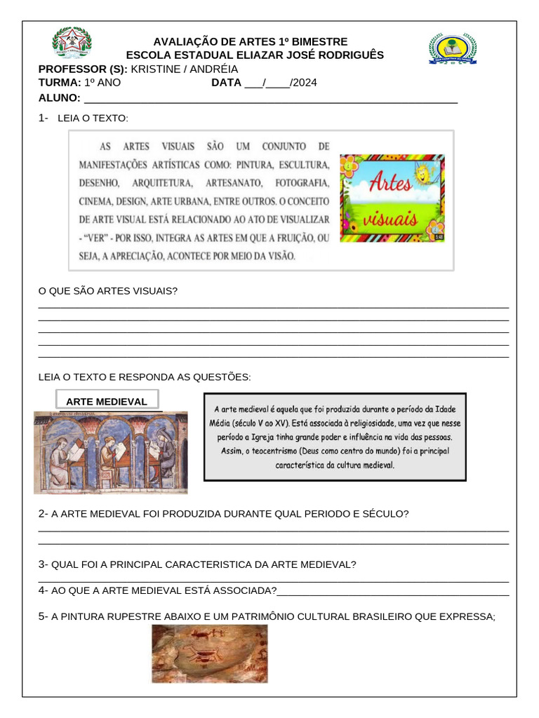 Avaliação de Artes Visuais 1º Bimestre | PDF