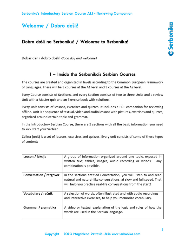 Serbian Language Course Overview | PDF | Vocabulary | Human Communication