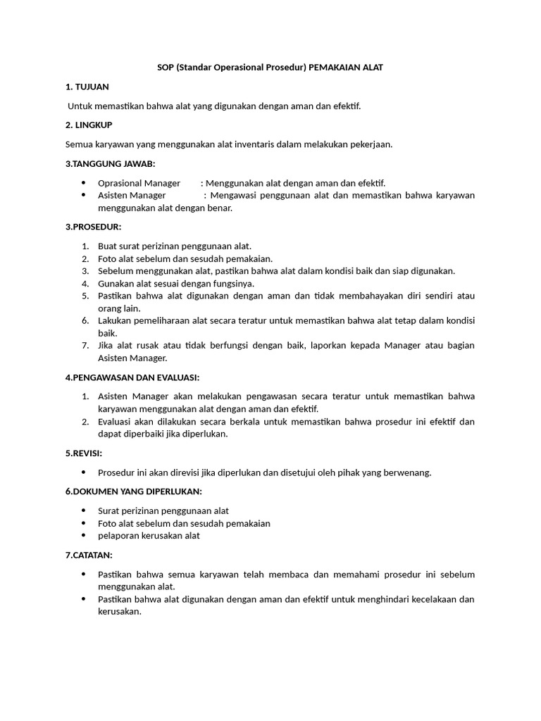 SOP PEMAKAIAN ALAT | PDF