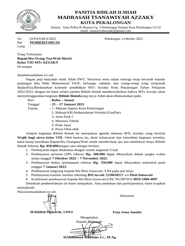 Pemberitahuan Rihlah Ilmiah MTs Azzaky | PDF