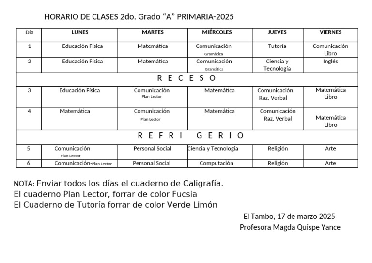 Horario de Clases 2do. Grado A - 2025 | PDF