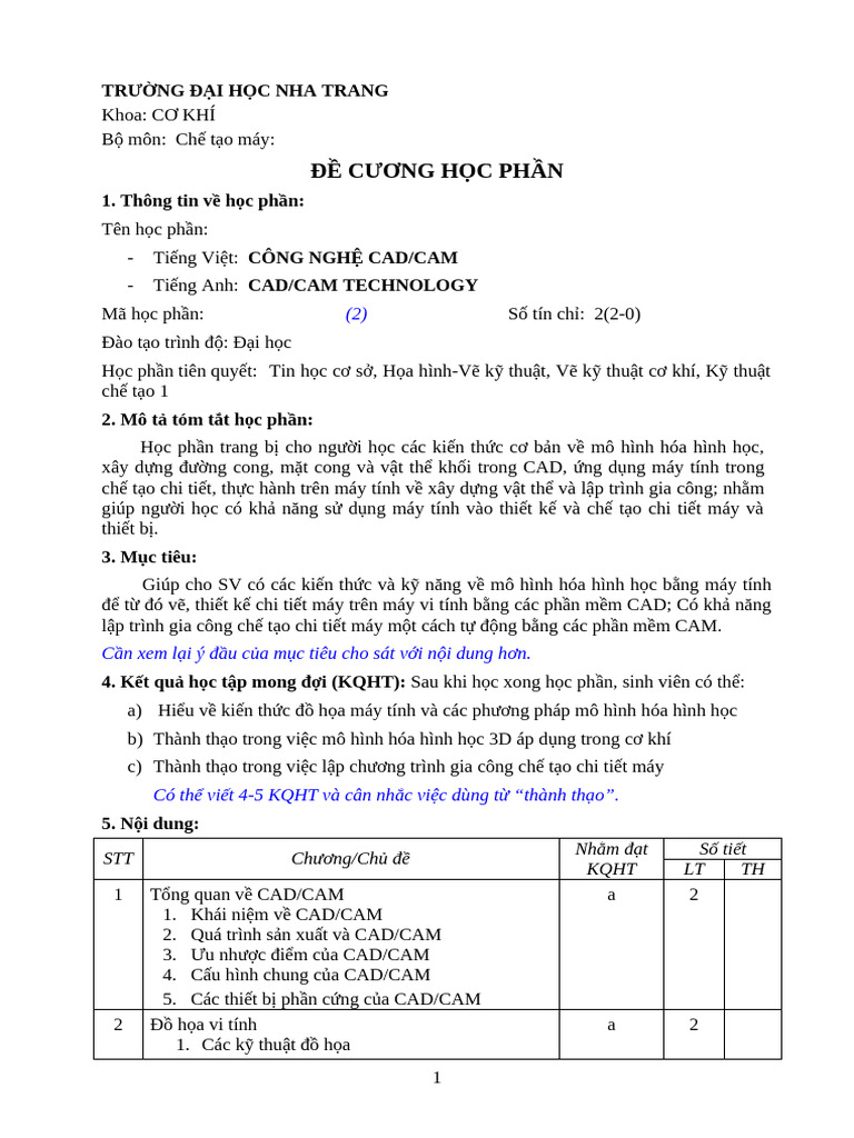 De Cuong HP - Cong Nghe CAD-CAM (2 TC) | PDF