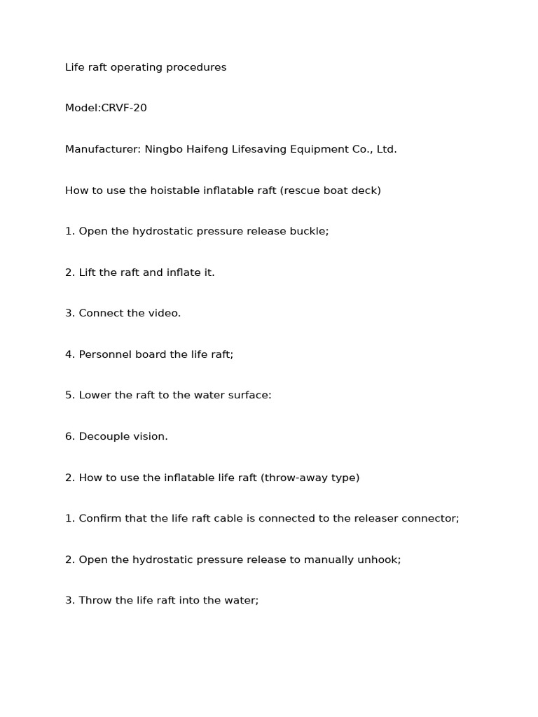 Life Raft Operating Procedures | PDF