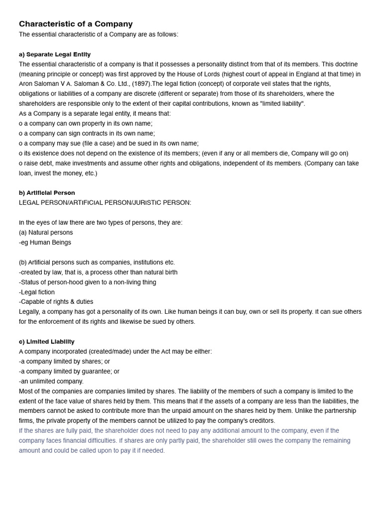 Chapter 1 Notes Companies Act Pdf Piercing The Corporate Veil