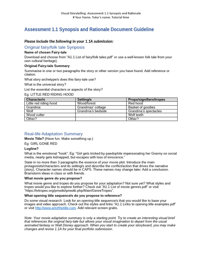Assessment 1.1 Synopsis & Rationale Guidlines | PDF | Fairy Tales