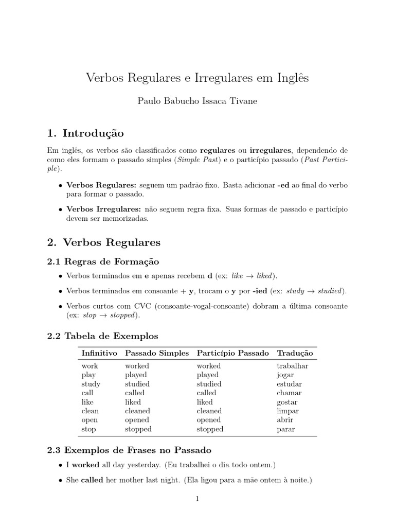 Verbos em Inglês: Regulares e Irregulares | PDF | Linguística ...