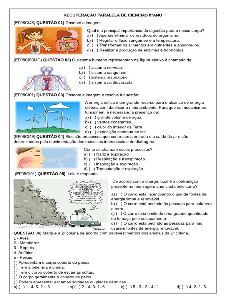 Simulado de Ciências 8º Ano: Questões e Gabarito | PDF | Fungo ...