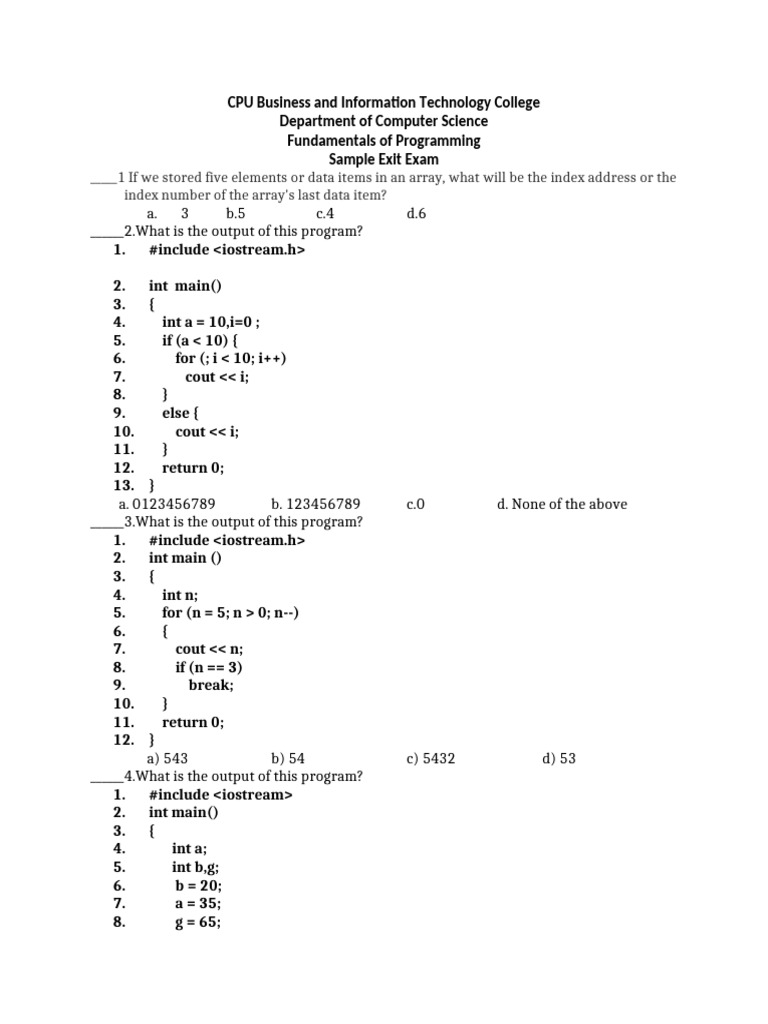C++ Programming Fundamentals Exam | PDF | Integer (Computer Science ...