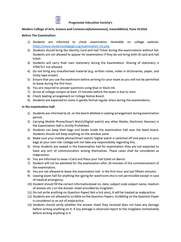 Examination Guidelines for Students | PDF