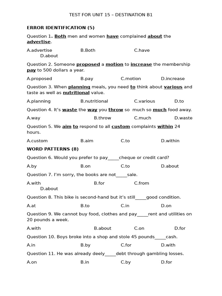 Unit 15 Test: Destination B1 | PDF