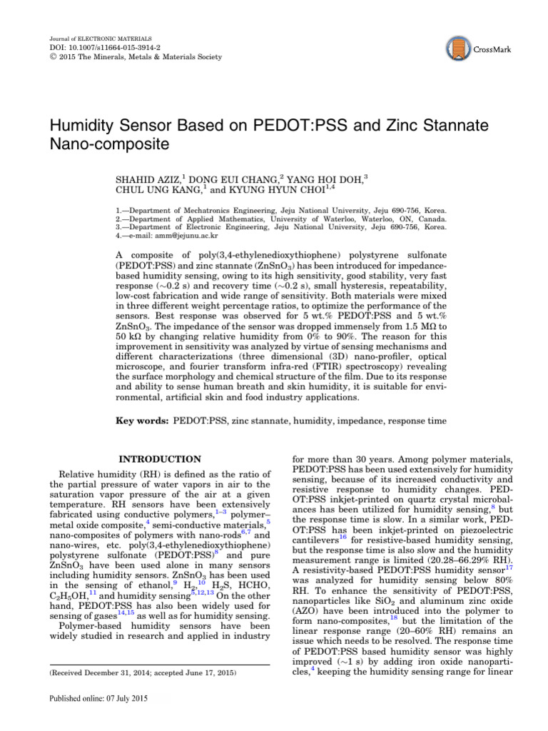 Humidity Sensor Based On PEDOTPSS and Zinc Stannate Nano-Composite ...