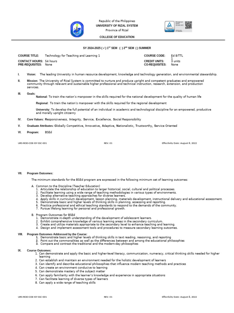 TTL 1 Course Syllabus Overview | PDF | Learning | Philosophy Of Education