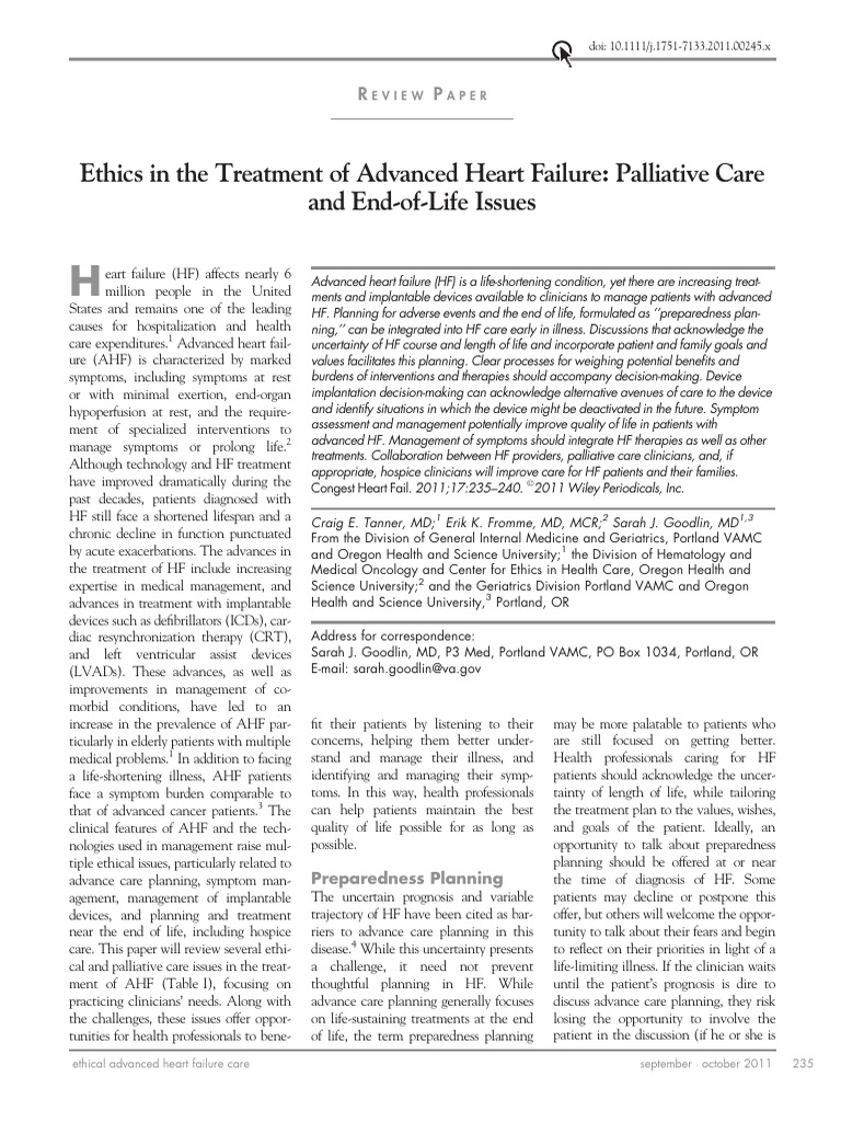 Ethics in The Treatment of Advanced Heart Failure Palliative Care and ...