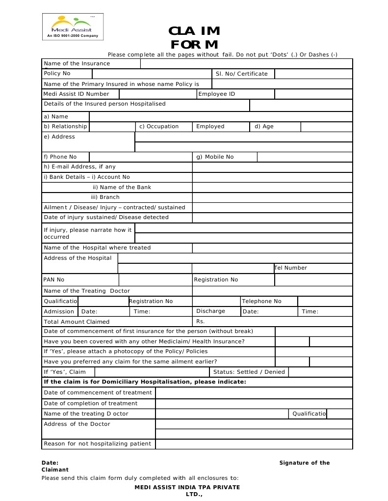 Medi Assist Claim Form Patient Hospital