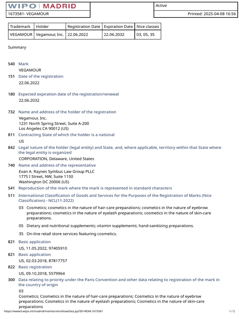 VEGAMOUR Trademark Registration Details | PDF