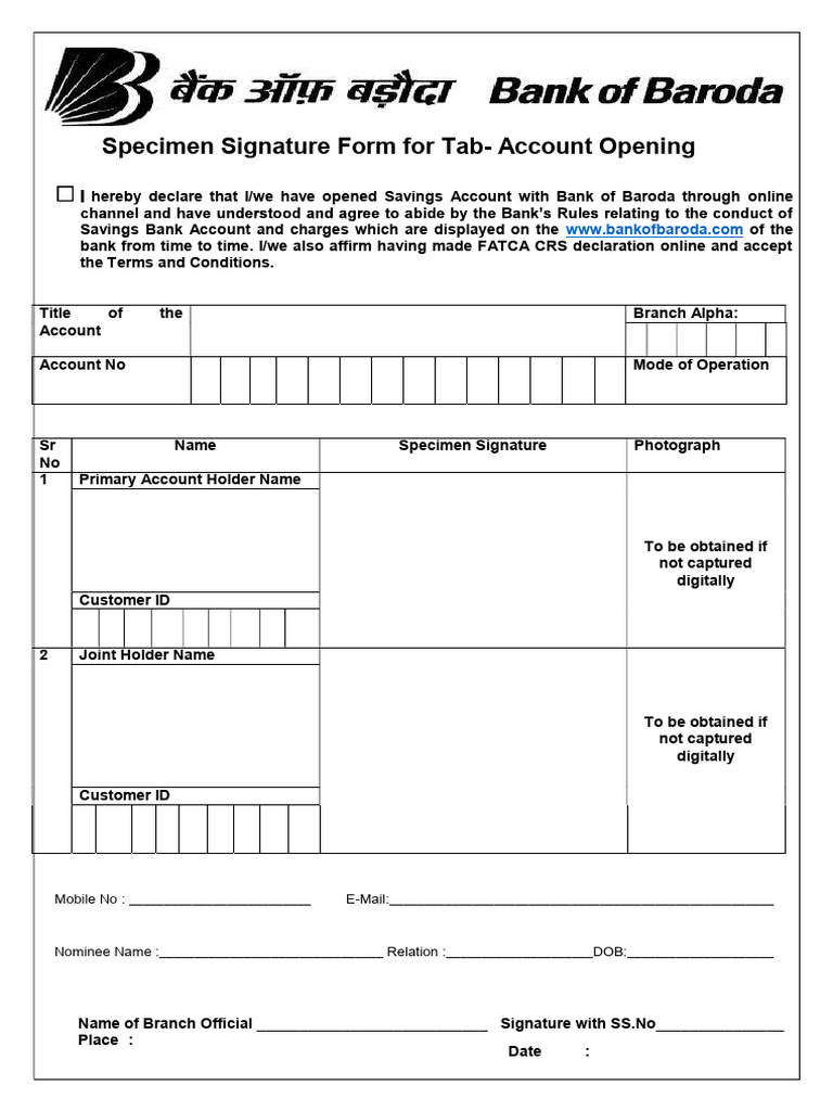 Specimen Signature Form for Tab Account | PDF