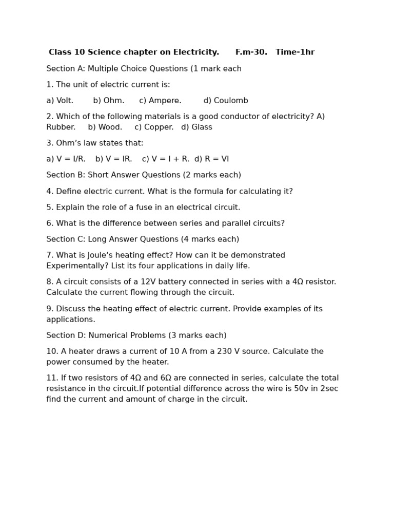 Class 10 Science: Electricity Quiz & Concepts | PDF