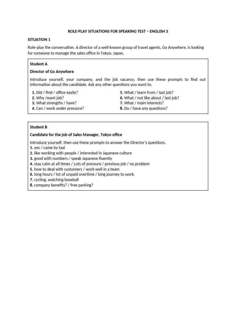 Role Play Cards For Speaking Test Ta3 Pdf