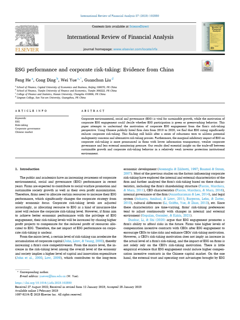 ESG Performance and Risk-Taking in China | PDF | Risk | Incentive