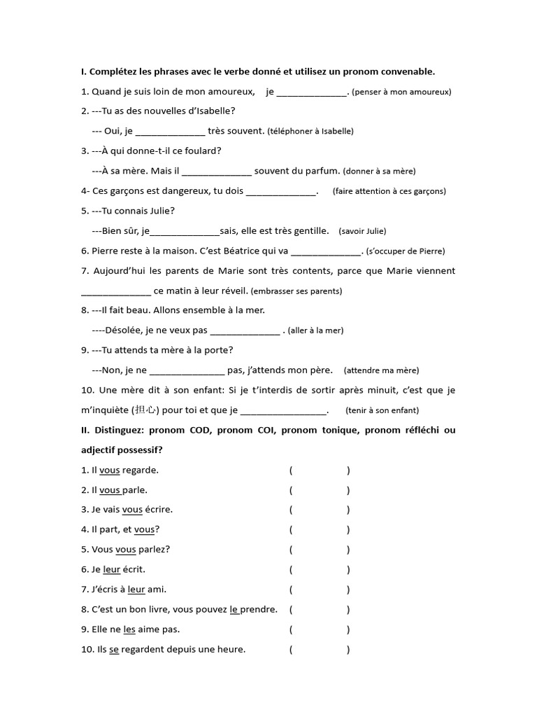 Exercices sur les pronoms en français | PDF
