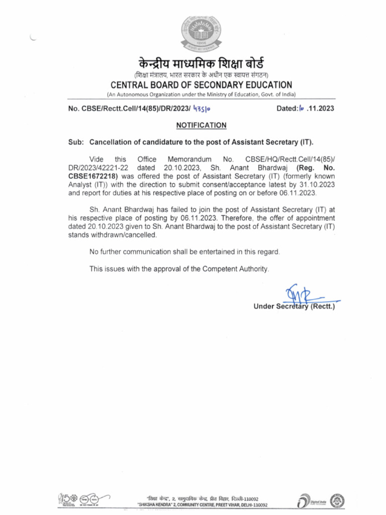 Cancellation Notice Assistant Secretary IT 10112023 | PDF