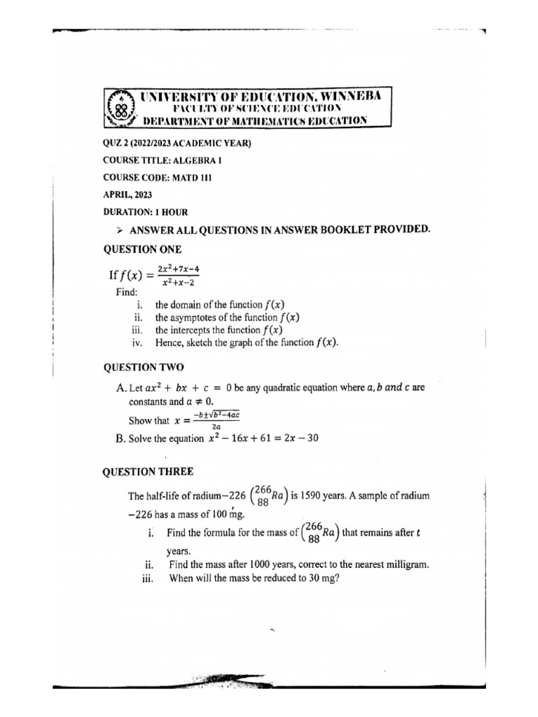 Sir Wadud Algebra 1 Pass Questions | PDF