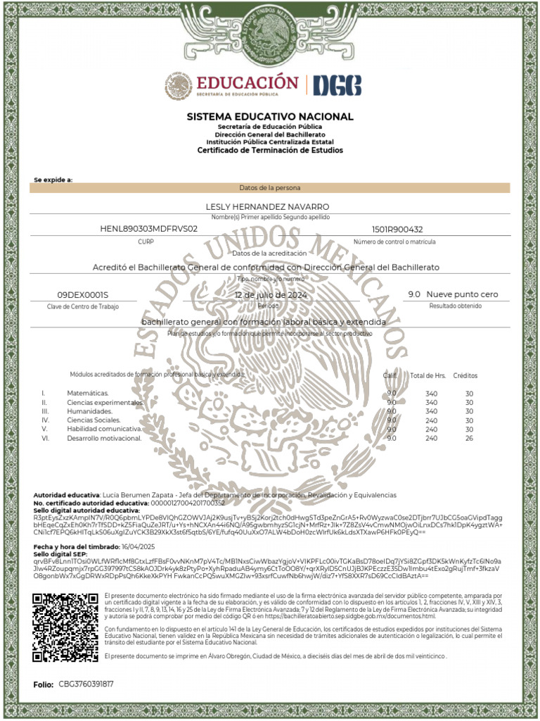 Certificado de Bachillerato General 2025 | PDF | Plan de estudios | México